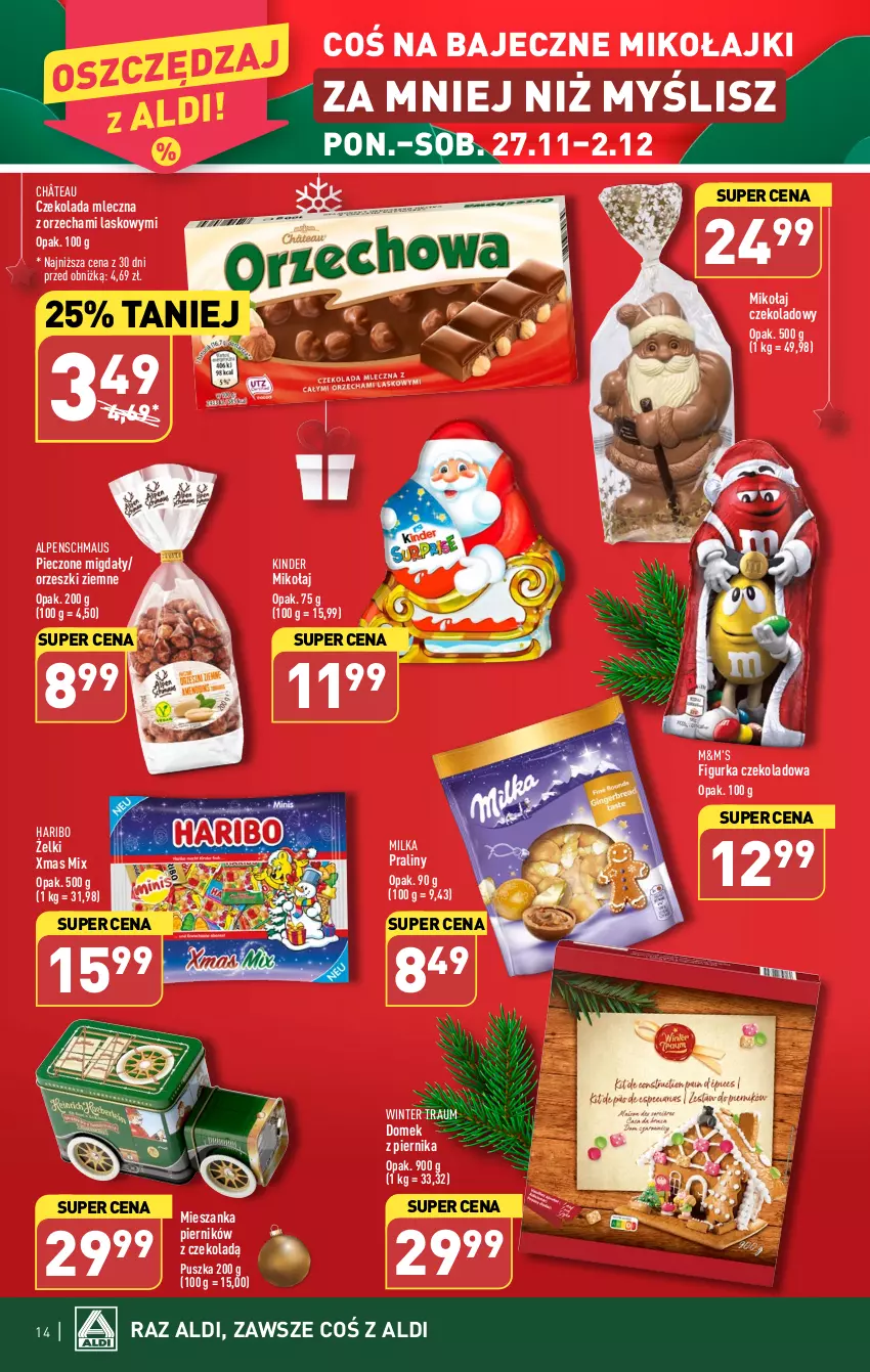 Gazetka promocyjna Aldi - Pełna oferta - ważna 27.11 do 02.12.2023 - strona 14 - produkty: Czekolada, Czekolada mleczna, Haribo, Kinder, Migdały, Milka, Orzeszki, Orzeszki ziemne, Piec, Piernik, Praliny