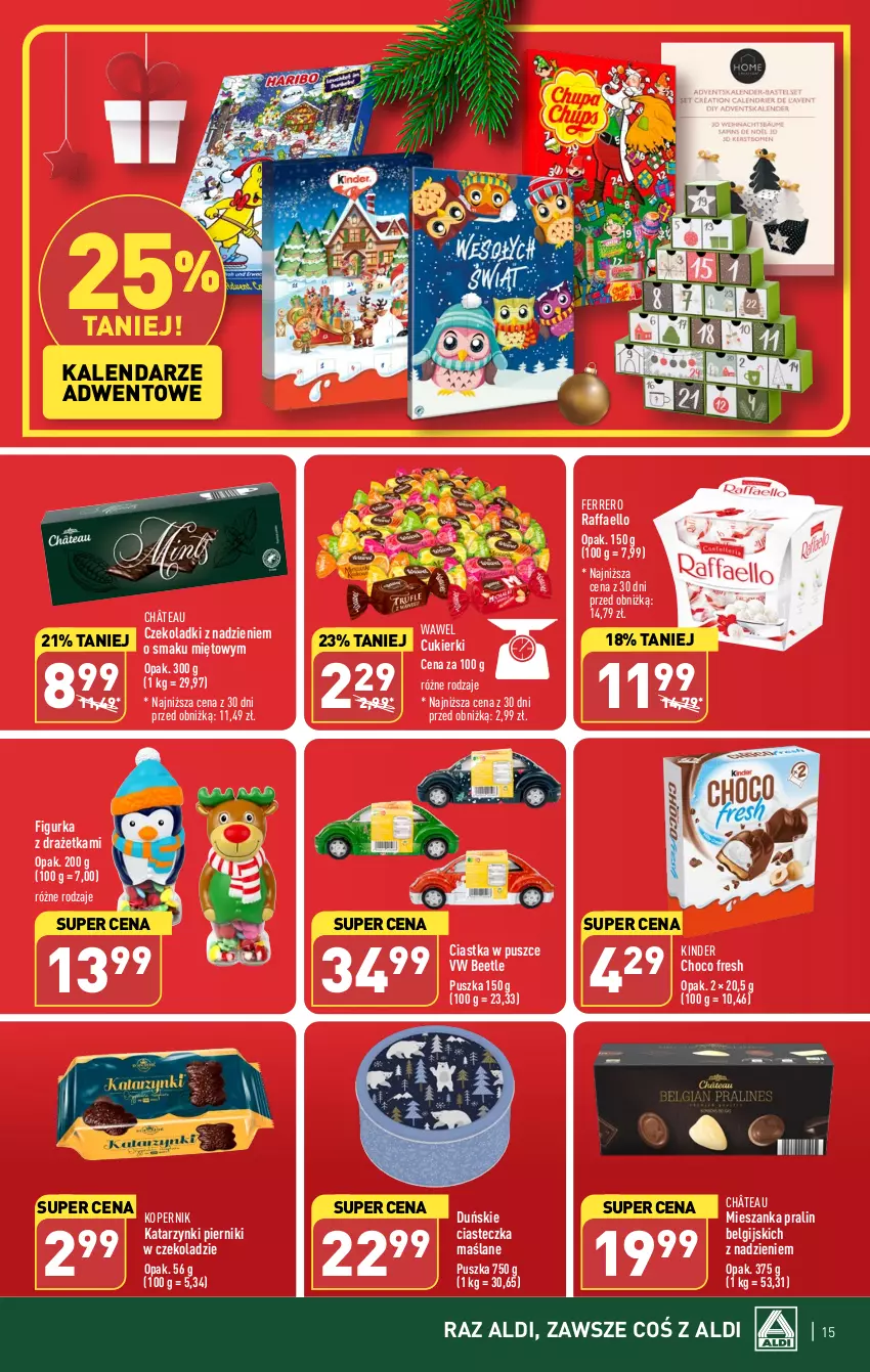 Gazetka promocyjna Aldi - Pełna oferta - ważna 27.11 do 02.12.2023 - strona 15 - produkty: Ciastka, Cukier, Cukierki, Fa, Ferrero, Kalendarz, Kinder, LG, Piernik, Pierniki w czekoladzie, Raffaello, Wawel