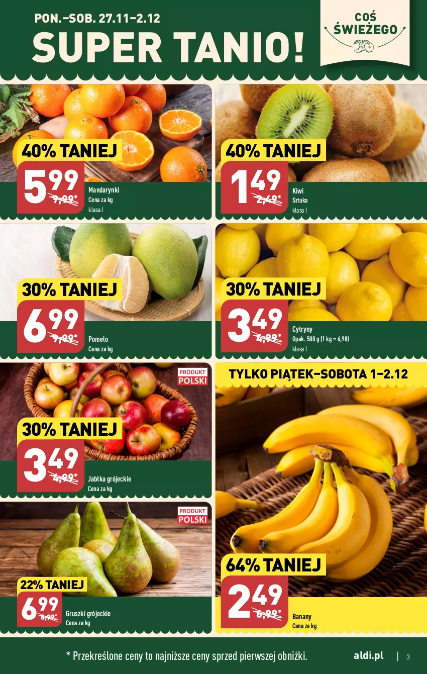 Gazetka promocyjna Aldi - Pełna oferta - ważna 27.11 do 02.12.2023 - strona 3 - produkty: Banany, Cytryny, Gruszki, Jabłka, Kiwi, Mandarynki, Pomelo