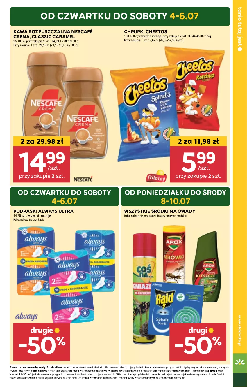 Gazetka promocyjna Stokrotka - Supermarket - ważna 04.07 do 10.07.2024 - strona 5 - produkty: Always, Always Ultra, Cheetos, Chrupki, Kawa, Kawa rozpuszczalna, Mięso, Nescafé, Owoce, Podpaski, Warzywa