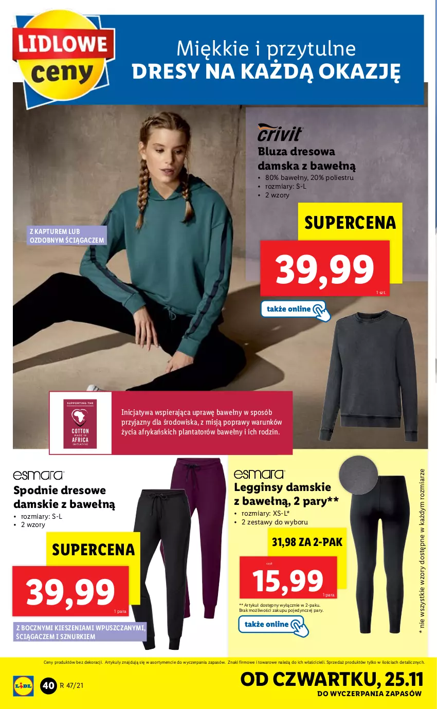 Gazetka promocyjna Lidl - GAZETKA - ważna 22.11 do 28.11.2021 - strona 40 - produkty: Bluza, Bluza dresowa, Dres, Gin, Legginsy, Spodnie, Spodnie dresowe