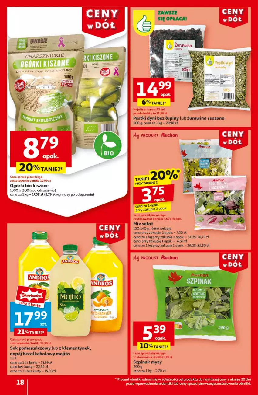 Gazetka promocyjna Auchan - CENY W DÓŁ Hipermarket - ważna 23.01 do 29.01.2025 - strona 20 - produkty: Fa, Napój, Napój bezalkoholowy, Pestki dyni, Por, Sałat, Sok, Sok pomarańczowy, Szpinak