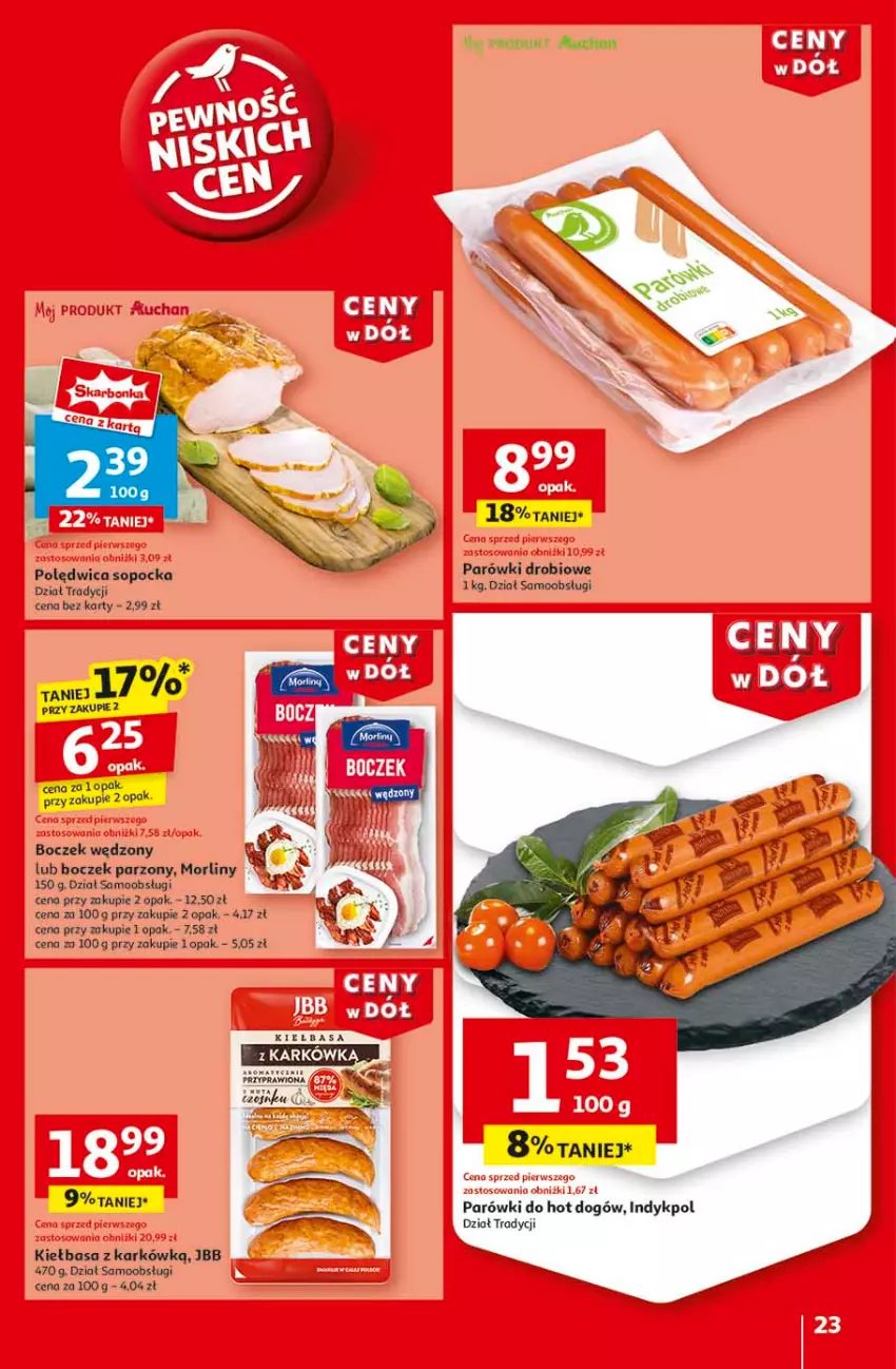 Gazetka promocyjna Auchan - CENY W DÓŁ Hipermarket - ważna 23.01 do 29.01.2025 - strona 25 - produkty: Boczek, Hot dog, Jaja, Kiełbasa, Morliny, Parówki, Polędwica