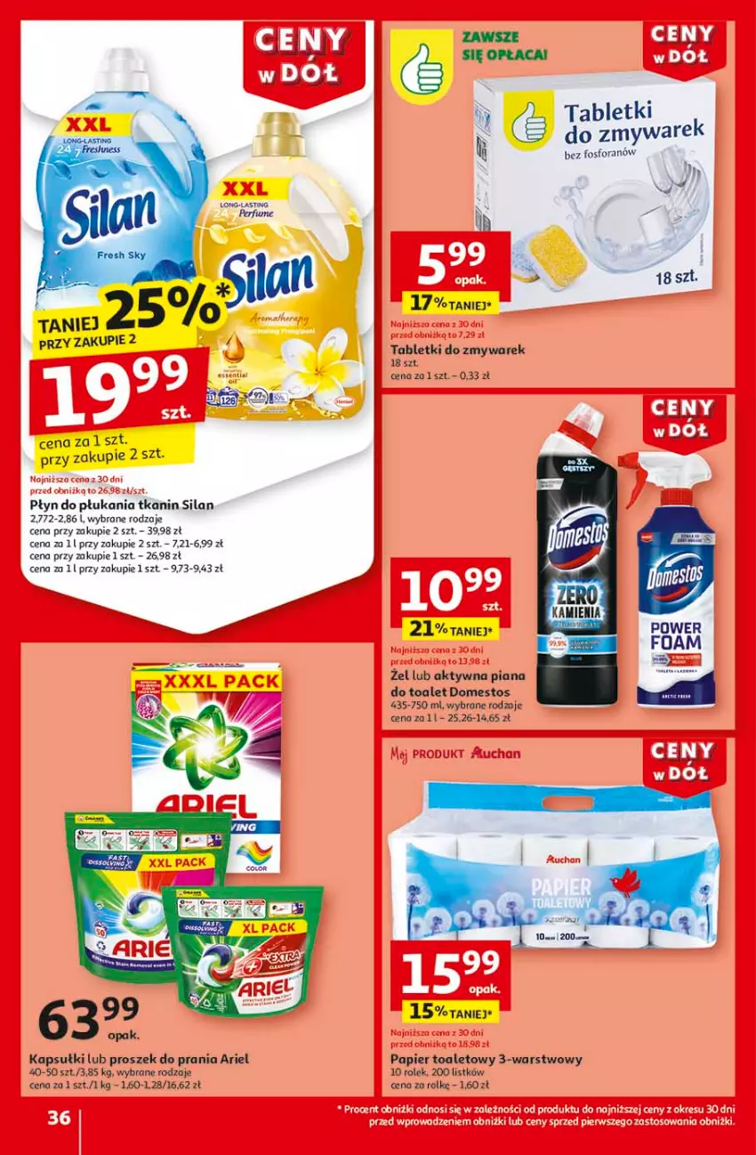 Gazetka promocyjna Auchan - CENY W DÓŁ Hipermarket - ważna 23.01 do 29.01.2025 - strona 38 - produkty: Ariel, Domestos, Papier, Papier toaletowy, Perfum, Płyn do płukania, Proszek do prania, Silan, Tablet