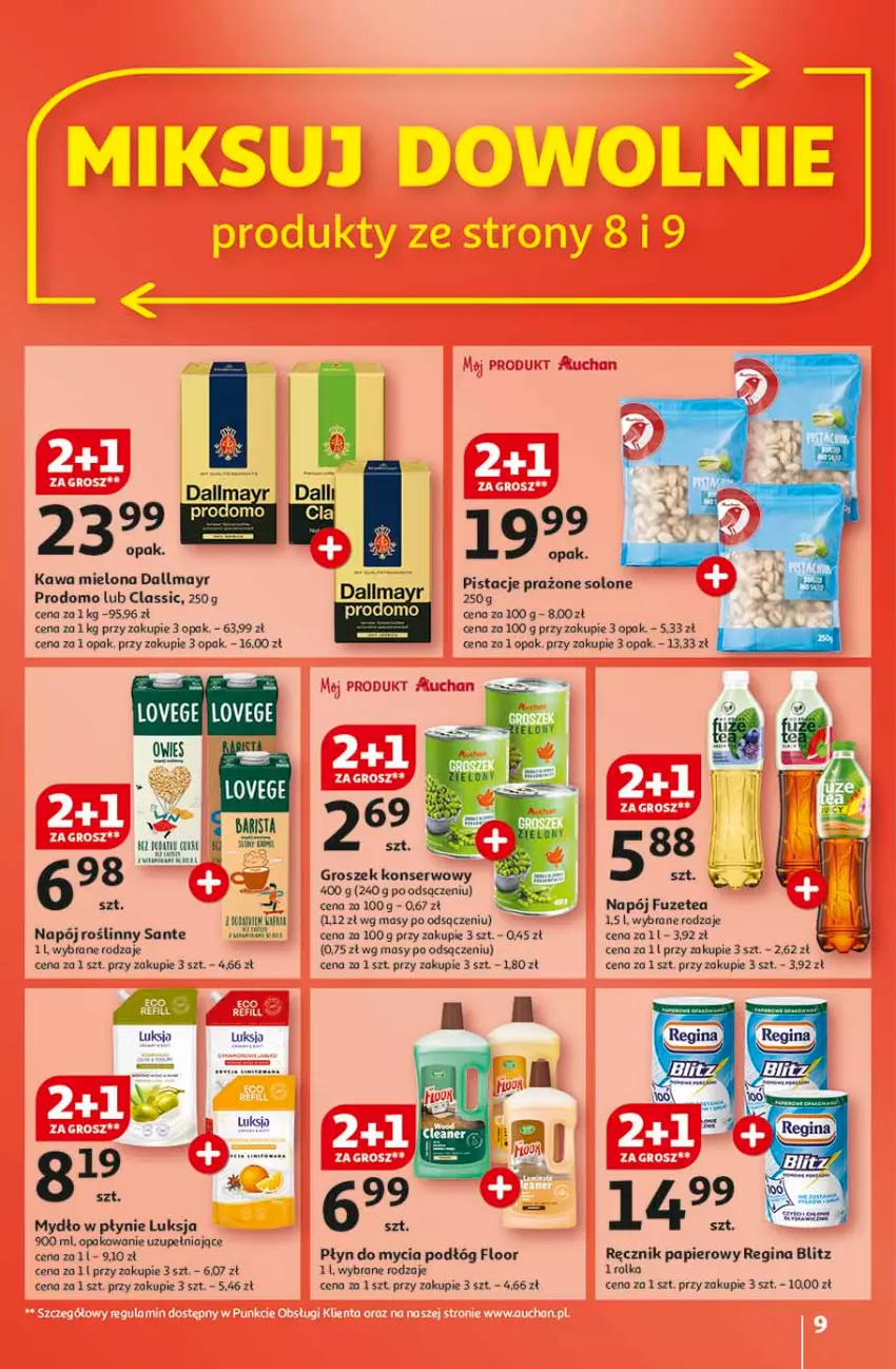 Gazetka promocyjna Auchan - CENY W DÓŁ Hipermarket - ważna 23.01 do 29.01.2025 - strona 9 - produkty: Dallmayr, Gin, Groszek, Kaki, Kawa, Kawa mielona, Luksja, Mydło, Mydło w płynie, Napój, Napój roślinny, Papier, Pistacje, Płyn do mycia, Płyn do mycia podłóg, Ręcznik, Sante, Ser