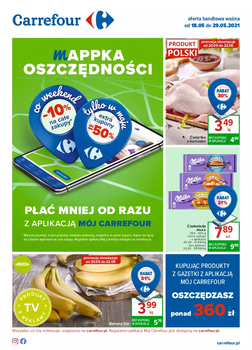 Gazetka promocyjna Carrefour - Gazetka Carrefour - ważna 17.05 do 29.05.2021 - strona 1 - produkty: Banany, Czekolada, Kurczak, Milka