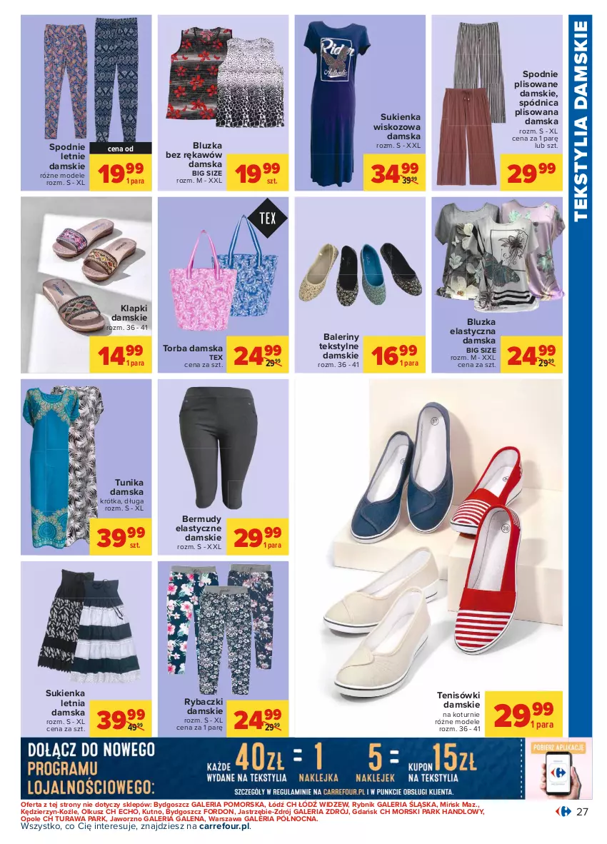 Gazetka promocyjna Carrefour - Gazetka Carrefour - ważna 17.05 do 29.05.2021 - strona 27 - produkty: Baleriny, Bermudy, Klapki, Ryba, Spódnica, Spodnie, Sukienka, Tenisówki, Torba, Tunika