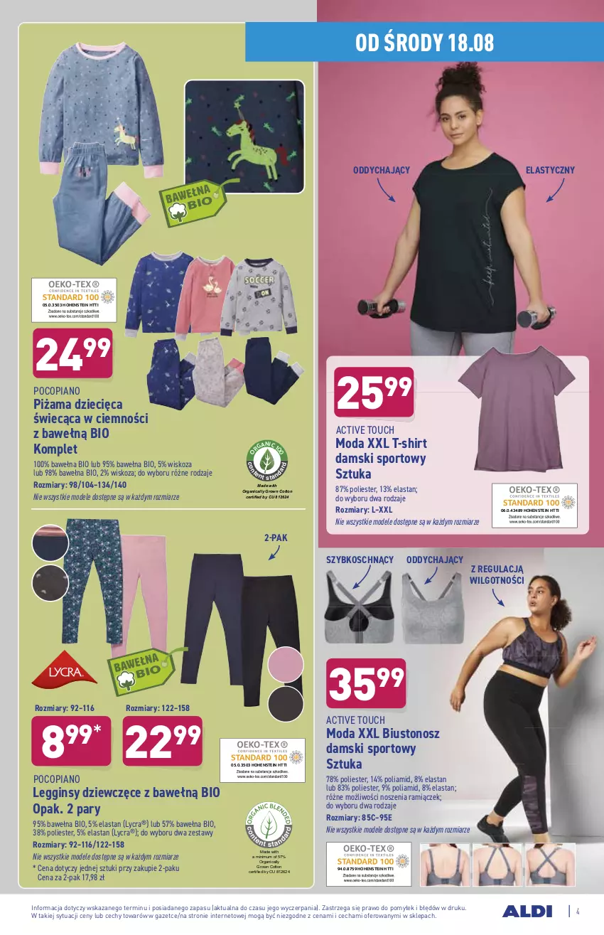 Gazetka promocyjna Aldi - OKAZJE DLA CIEBIE I DOMU - ważna 18.08 do 21.08.2021 - strona 4 - produkty: Biustonosz, Dzieci, Gin, Legginsy, LG, Moda, Piżama, Pocopiano, Por, Sport, T-shirt, Wełna