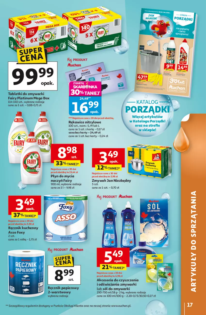 Gazetka promocyjna Auchan - 30 Lat Hipermarket - ważna 19.03 do 25.03.2026 - strona 17 - produkty: Fa, Fairy, Foxy, Jan Niezbędny, Papier, Płyn do mycia, Ręcznik, Ręcznik kuchenny, Rękawice, Sól, Tablet, Tabletki do zmywarki, Zmywarki
