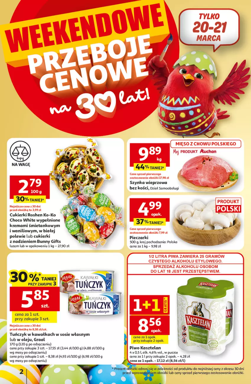 Gazetka promocyjna Auchan - 30 Lat Hipermarket - ważna 19.03 do 25.03.2026 - strona 2 - produkty: Cukier, Cukierki, Gra, Graal, Kasztelan, Kawa, Olej, Piec, Piwo, Sos, Szynka, Szynka wieprzowa, Tuńczyk
