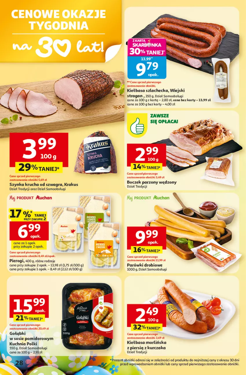 Gazetka promocyjna Auchan - 30 Lat Hipermarket - ważna 19.03 do 25.03.2026 - strona 28 - produkty: Boczek, Gra, Kiełbasa, Krakus, Kuchnia, Kurczak, Parówki, Pierogi, Sos, Szynka