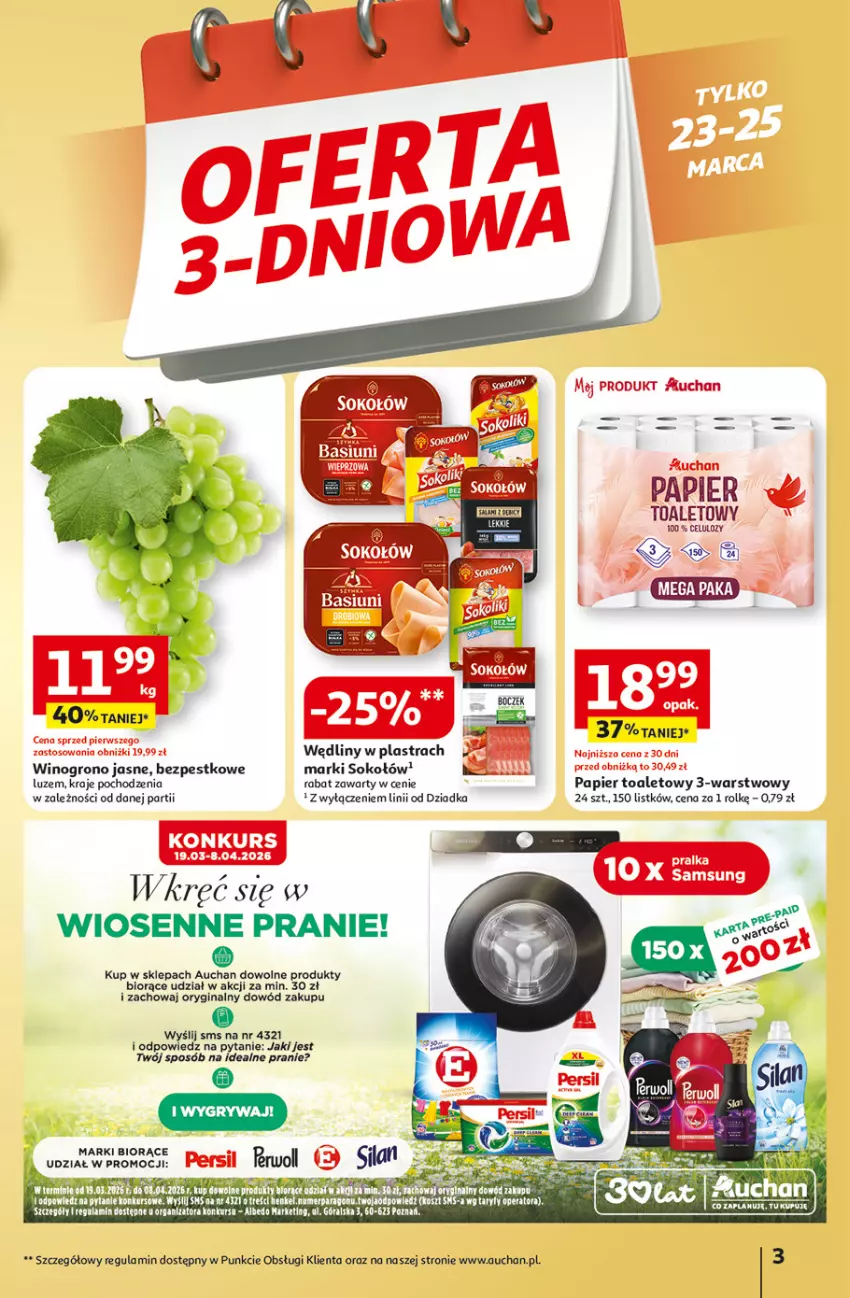Gazetka promocyjna Auchan - 30 Lat Hipermarket - ważna 19.03 do 25.03.2026 - strona 3 - produkty: Boczek, Gin, Kosz, Papier, Papier toaletowy, Salami, Samsung, Sok, Sokołów, Wino