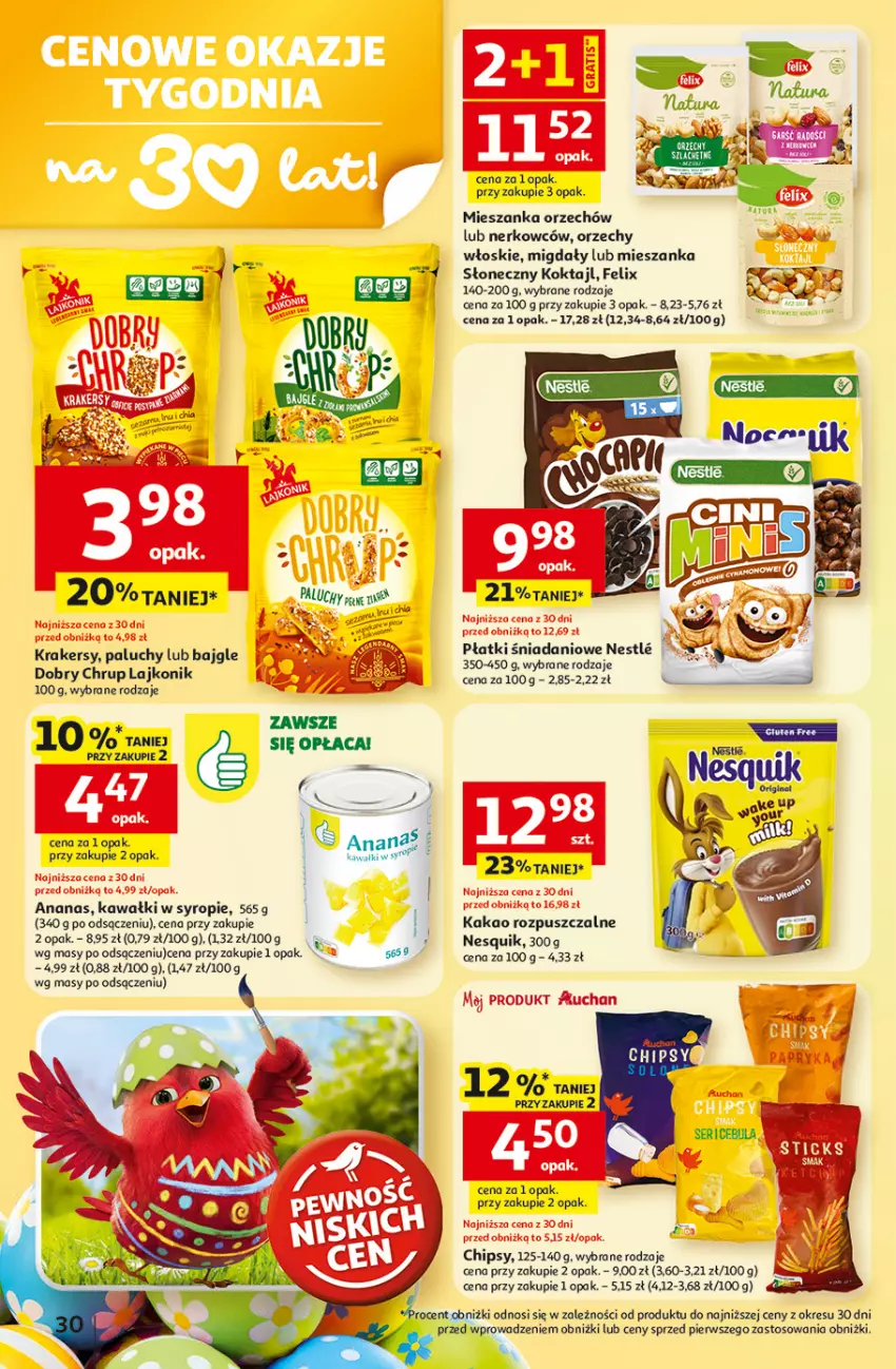 Gazetka promocyjna Auchan - 30 Lat Hipermarket - ważna 19.03 do 25.03.2026 - strona 30 - produkty: Ananas, Bajgle, Chipsy, Danio, Felix, Gra, Kakao, Kawa, Krakersy, Lajkonik, Migdały, Nesquik, Orzechy włoskie, Syrop