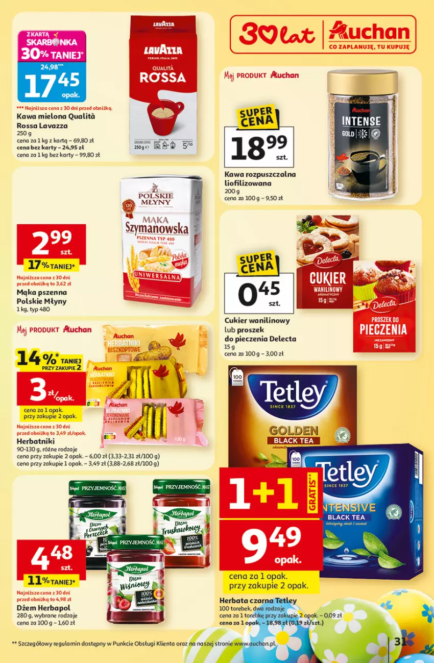 Gazetka promocyjna Auchan - 30 Lat Hipermarket - ważna 19.03 do 25.03.2026 - strona 31 - produkty: Cukier, Cukier wanilinowy, Delecta, Dżem, Herbapol, Herbata, Herbatniki, Kawa, Kawa mielona, Kawa rozpuszczalna, Lack, Lavazza, Mąka, Mąka pszenna, Piec, Polskie Młyny, Proszek do pieczenia, Pur