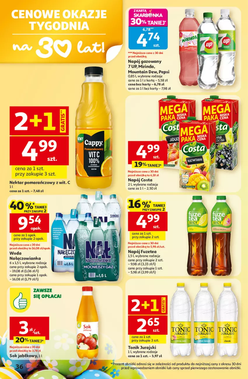 Gazetka promocyjna Auchan - 30 Lat Hipermarket - ważna 19.03 do 25.03.2026 - strona 36 - produkty: Kaki, Mirinda, Napój, Napój gazowany, Nektar, Pepsi, Sok, Sok jabłkowy, Tonik, Woda