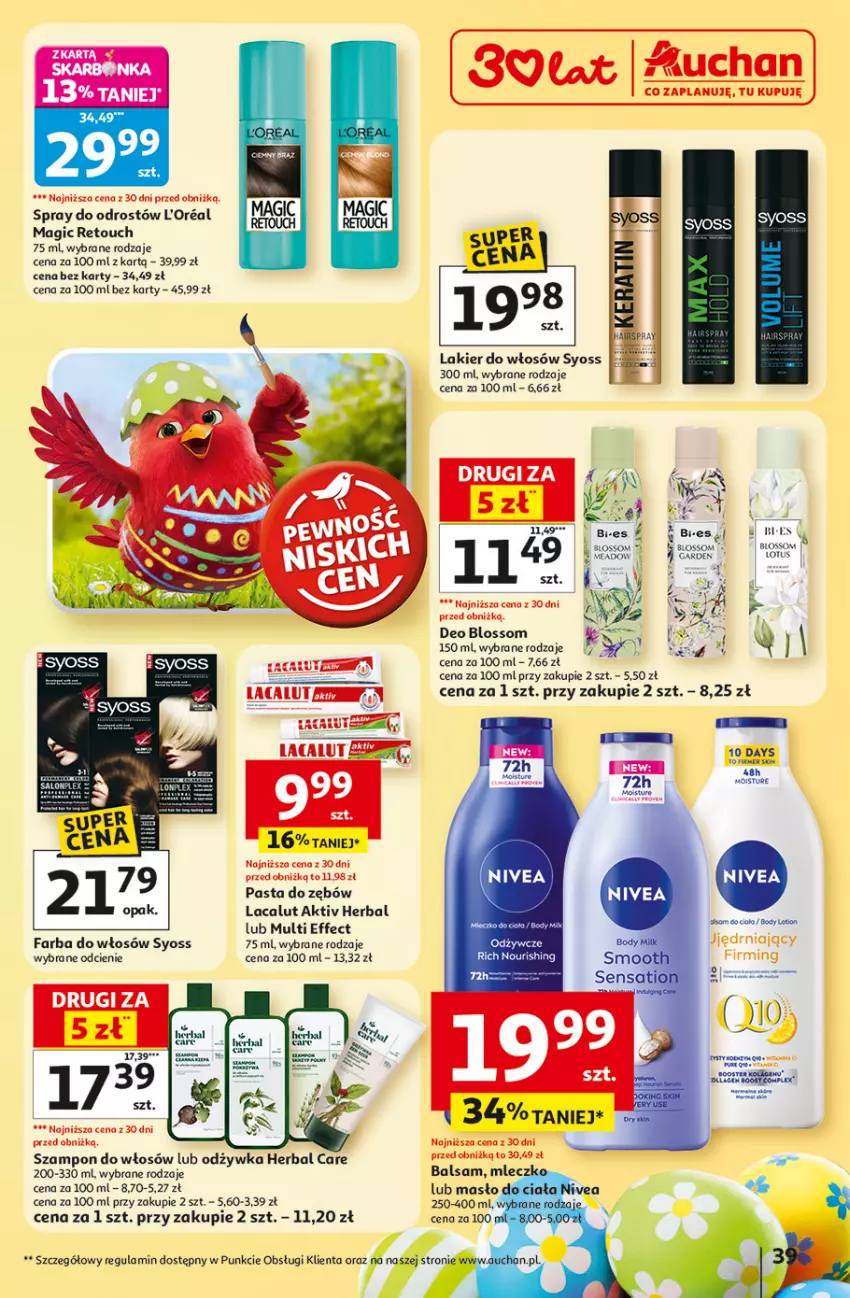 Gazetka promocyjna Auchan - 30 Lat Hipermarket - ważna 19.03 do 25.03.2026 - strona 39 - produkty: Fa, Farba do włosów, Lacalut, Lakier, Lakier do włosów, Masło, Odżywka, Pasta do zębów, Syoss, Szampon, Taca