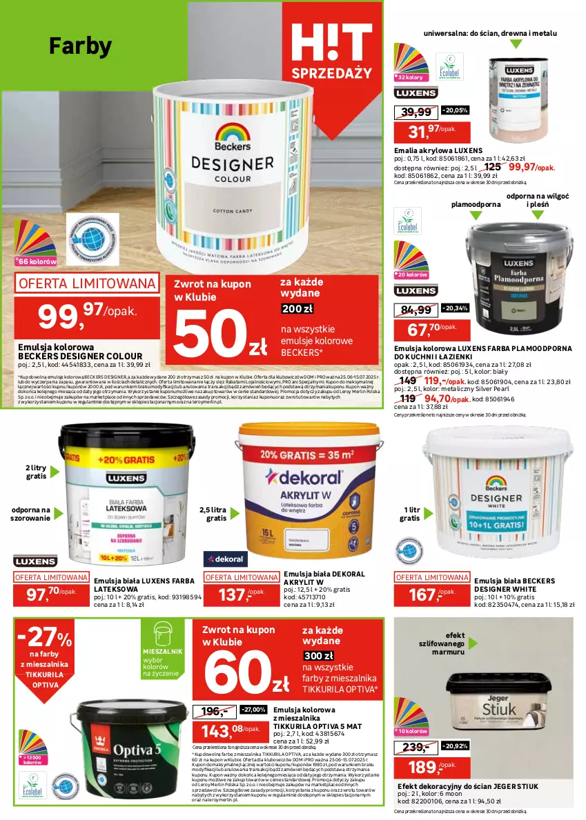 Gazetka promocyjna Leroy Merlin - Gazetka Leroy Merlin - ważna 25.06 do 17.07.2025 - strona 22 - produkty: Beckers, Dekoral, Designer Colour, Emulsja, Fa, Farba lateksowa, Gniazdo pojedyncze, Gra, Lampa, Lampa wisząca, LG, Luxens, Olej, Por, Ramka, Reflektor, Ser, Szal, Tran, Włącznik podwójny, Włącznik pojedynczy