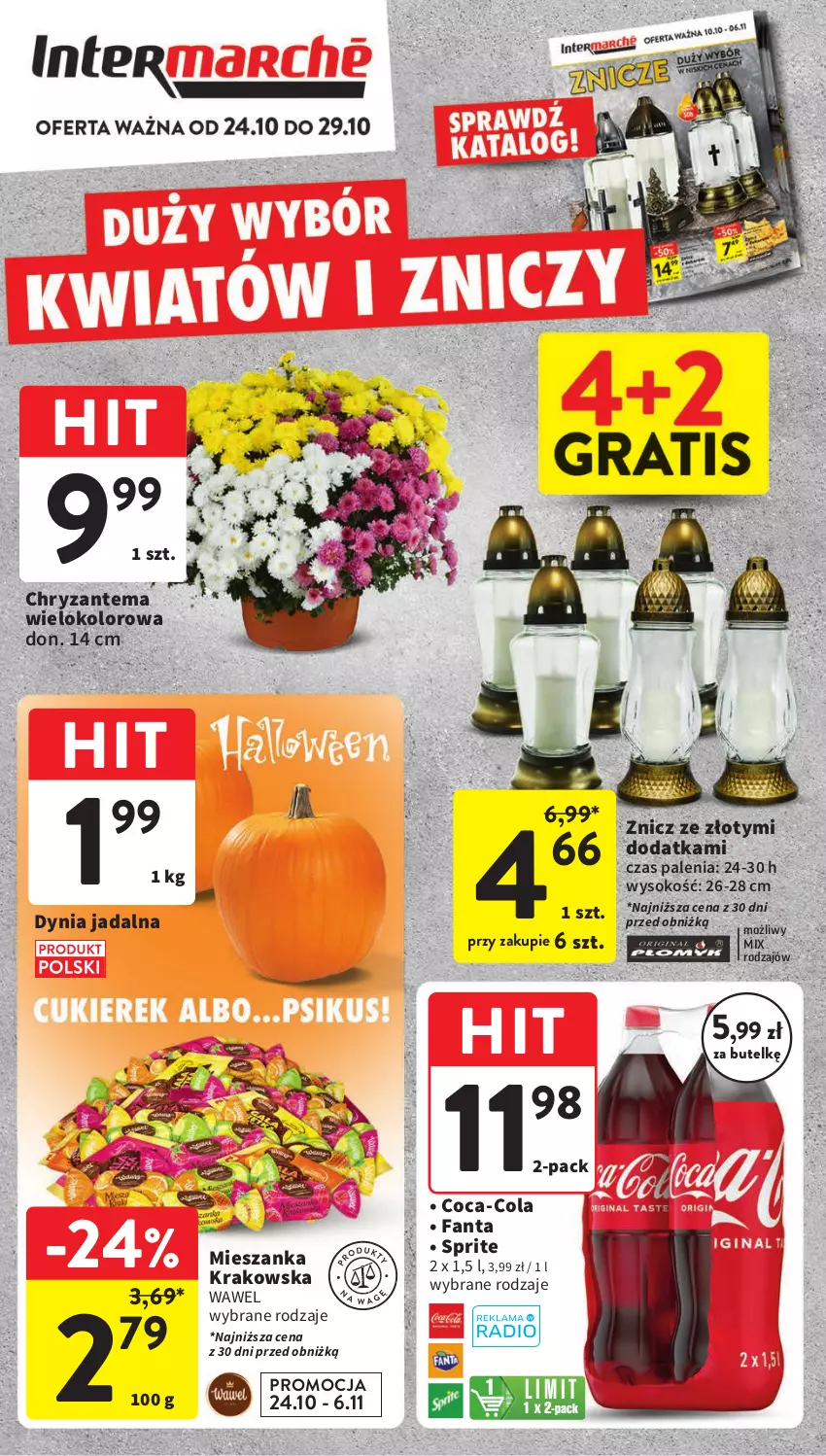 Gazetka promocyjna Intermarche - ważna 24.10 do 29.10.2024 - strona 1 - produkty: Chryzantema, Coca-Cola, Fa, Fanta, Sok, Sprite, Wawel, Znicz