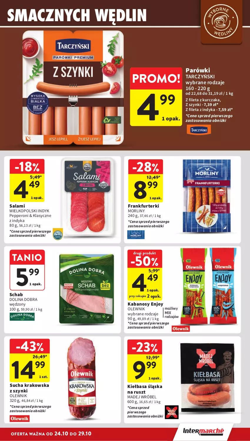 Gazetka promocyjna Intermarche - ważna 24.10 do 29.10.2024 - strona 19 - produkty: Frankfurterki, Kabanos, Kiełbasa, Kiełbasa śląska, Kurczak, Madej Wróbel, Morliny, Olewnik, Parówki, Salami, Tarczyński