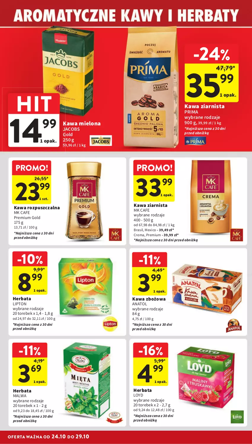 Gazetka promocyjna Intermarche - ważna 24.10 do 29.10.2024 - strona 26 - produkty: Herbata, Jacobs, Kawa, Kawa mielona, Kawa rozpuszczalna, Kawa zbożowa, Kawa ziarnista, Lipton, Loyd, Prima