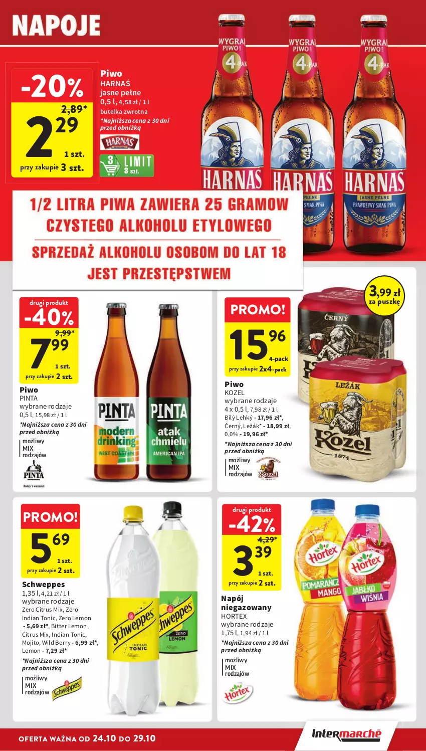 Gazetka promocyjna Intermarche - ważna 24.10 do 29.10.2024 - strona 31 - produkty: Harnaś, Hortex, Kozel, Napój, Napój niegazowany, Piwo, Schweppes