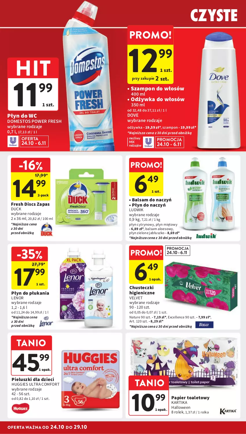 Gazetka promocyjna Intermarche - ważna 24.10 do 29.10.2024 - strona 34 - produkty: Chusteczki, Domestos, Dove, Duck, Dzieci, Huggies, Lenor, Ludwik, Odżywka, Papier, Papier toaletowy, Płyn do płukania, Płyn do wc, Szampon, Velvet