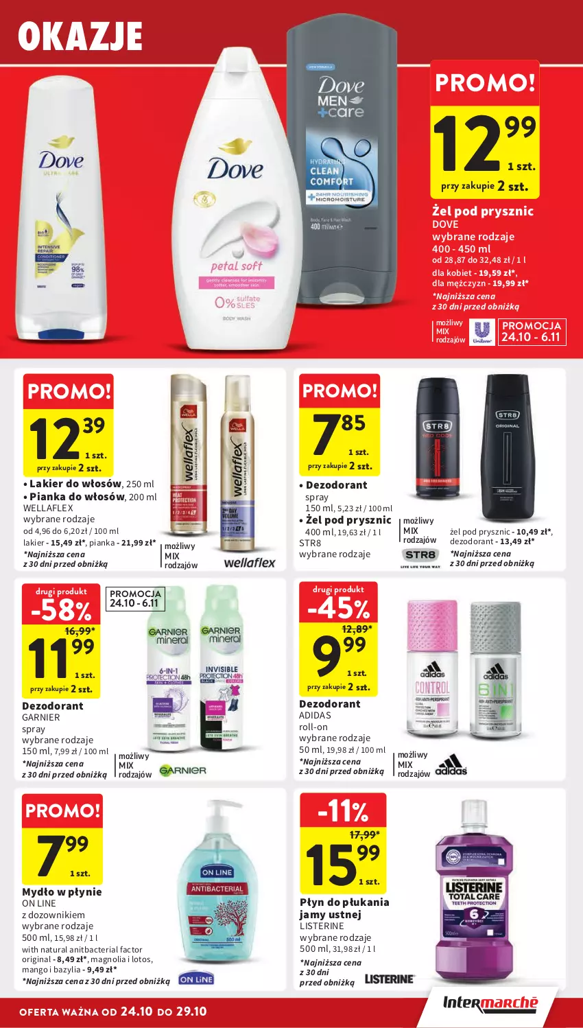 Gazetka promocyjna Intermarche - ważna 24.10 do 29.10.2024 - strona 35 - produkty: Adidas, Bazyl, Bazylia, Dezodorant, Dove, Dozownik, Fa, Garnier, Gin, Lakier, Lakier do włosów, Listerine, Mango, Mydło, Mydło w płynie, Pianka do włosów, Płyn do płukania, Płyn do płukania jamy ustnej, Str8, Wella, Wellaflex