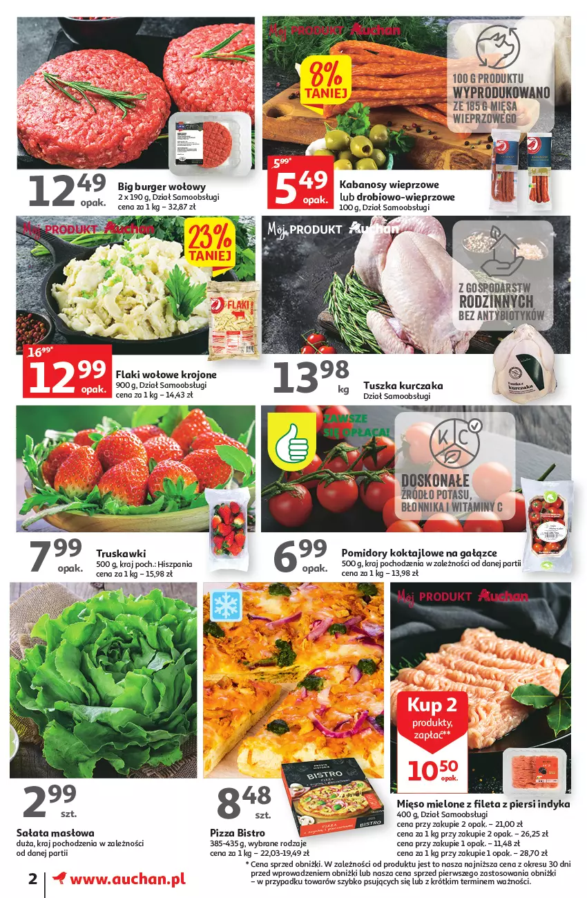 Gazetka promocyjna Auchan - Gazetka Wielkie majowe odkrycia cenowe część #2 Moje Auchan - ważna 04.05 do 10.05.2023 - strona 2 - produkty: Burger, Fa, Flaki, Flaki wołowe, Kabanos, Kurczak, Masło, Mięso, Mięso mielone, O nas, Pizza, Pomidory, Sałat, Sałata masłowa, Truskawki, Tusz