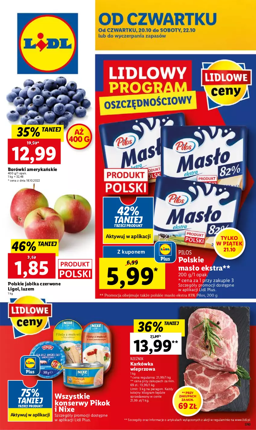 Gazetka promocyjna Lidl - GAZETKA - ważna 20.10 do 22.10.2022 - strona 1 - produkty: Gra, Jabłka, Karkówka wieprzowa, Ligol, Masło, Olej, PIKOK, Pilos, Ser