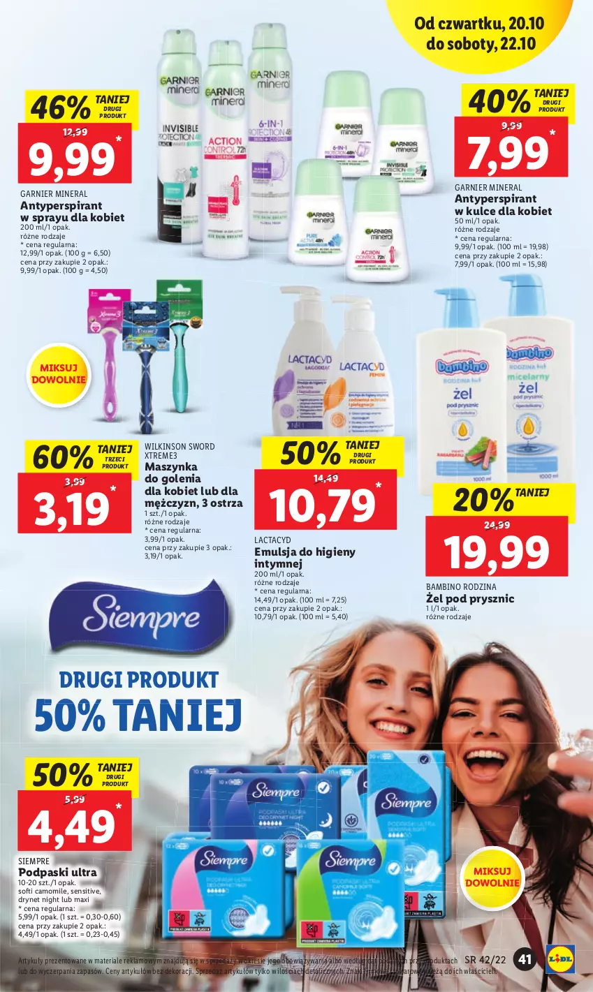 Gazetka promocyjna Lidl - GAZETKA - ważna 20.10 do 22.10.2022 - strona 44 - produkty: Antyperspirant, Emulsja, Garnier, Lactacyd, Maszynka, Maszynka do golenia, Podpaski, Szynka, Wilkinson Sword