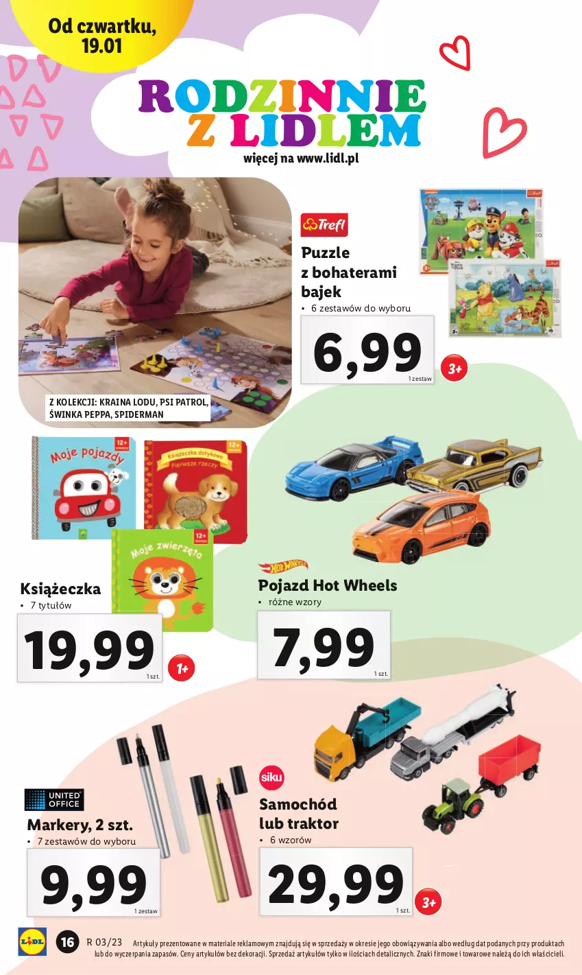 Gazetka promocyjna Lidl - GAZETKA - ważna 16.01 do 21.01.2023 - strona 16 - produkty: Hot Wheels, Inka, Marker, Pojazd, Psi Patrol, Puzzle, Samochód, Spiderman, Tera, Traktor