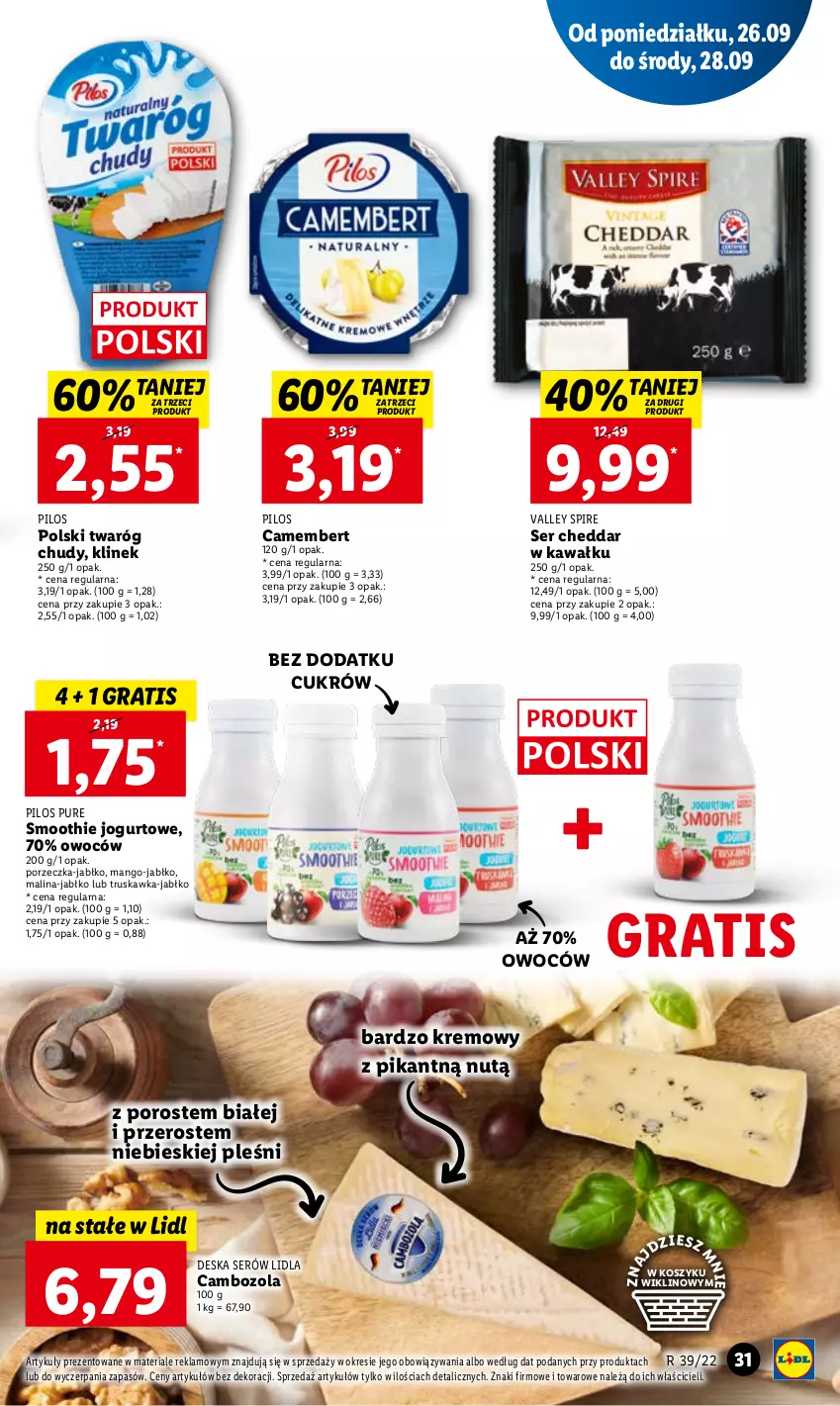 Gazetka promocyjna Lidl - GAZETKA - ważna 26.09 do 28.09.2022 - strona 33 - produkty: Camembert, Cheddar, Deska serów, Gra, Jogurt, Kawa, Kosz, Mango, Pilos, Por, Pur, Ser, Smoothie, Twaróg, Twaróg chudy