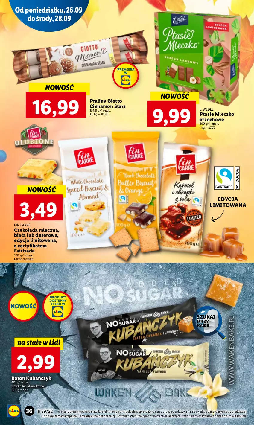 Gazetka promocyjna Lidl - GAZETKA - ważna 26.09 do 28.09.2022 - strona 38 - produkty: Baton, Czekolada, Czekolada mleczna, Deser, E. Wedel, Fa, Mleczko, Praliny, Ptasie mleczko, Ser