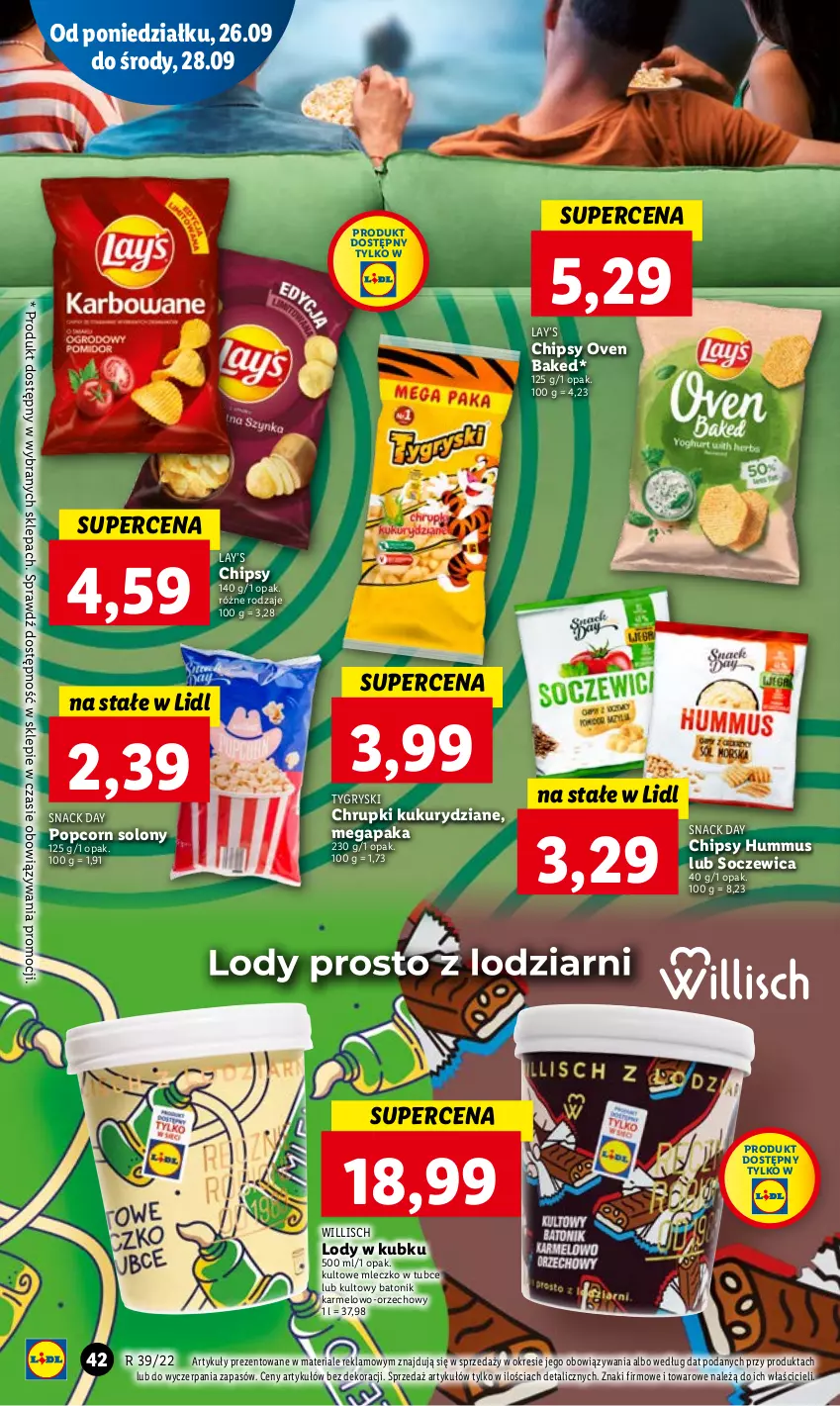 Gazetka promocyjna Lidl - GAZETKA - ważna 26.09 do 28.09.2022 - strona 44 - produkty: Baton, Chipsy, Chrupki, Gry, Hummus, Lay’s, Lody, Mleczko, Mus, Popcorn, Tonik