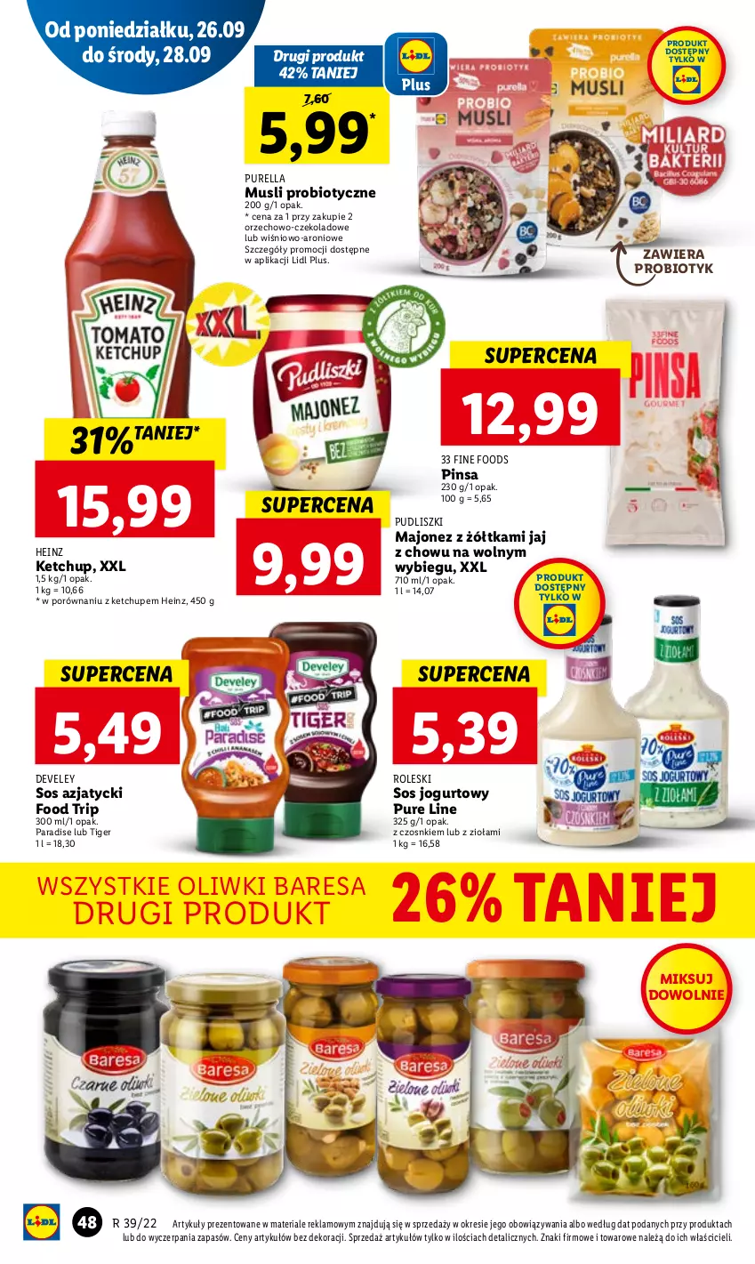 Gazetka promocyjna Lidl - GAZETKA - ważna 26.09 do 28.09.2022 - strona 50 - produkty: Heinz, Jogurt, Ketchup, Majonez, Mus, Oliwki, Por, Probiotyk, Pudliszki, Pur, Sos, Tiger