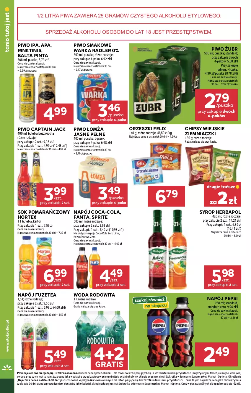 Gazetka promocyjna Stokrotka - Market - ważna 03.09 do 09.09.2026 - strona 30 - produkty: Captain Jack, Chipsy, Coca-Cola, Fa, Fanta, Felix, Gra, Herbapol, Hortex, Mięso, Napój, Optima, Orzeszki, Owoce, Pepsi, Piwa, Piwo, Radler, Sok, Sok pomarańczowy, Sprite, Stojak, Syrop, Warka, Warzywa, Woda
