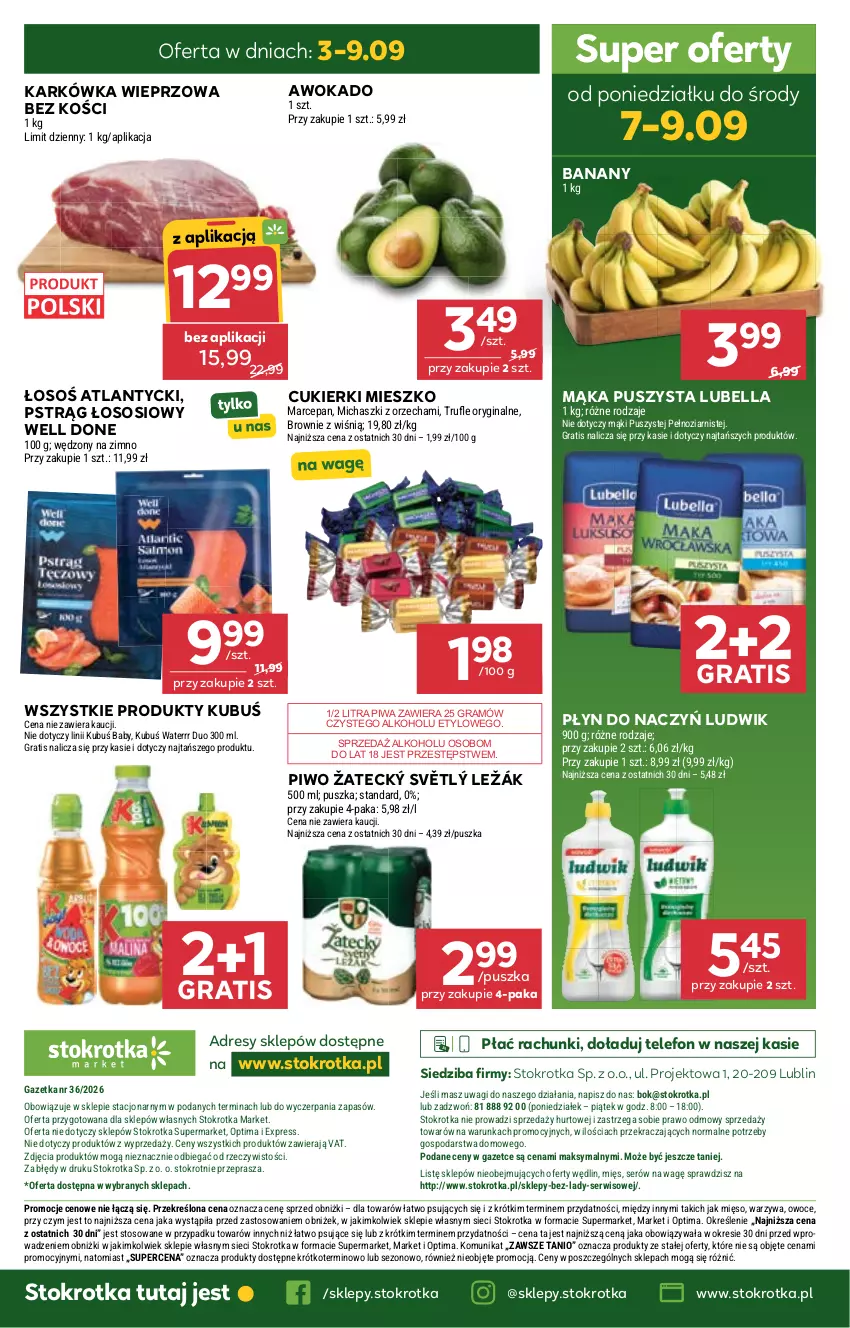 Gazetka promocyjna Stokrotka - Market - ważna 03.09 do 09.09.2026 - strona 35 - produkty: Banany, Bell, Bella, Brownie, Cukier, Cukierki, Dres, Gin, Gra, Karkówka wieprzowa, Kubuś, Kubuś Waterrr, Lubella, Ludwik, Mąka, Mięso, O nas, Optima, Owoce, Piwa, Piwo, Pstrąg, Pstrąg łososiowy, Ser, Sos, Telefon, Wagi, Warzywa