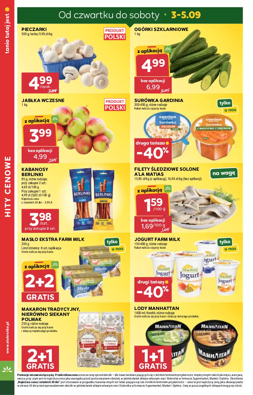 Gazetka promocyjna Stokrotka - Market - ważna 03.09 do 09.09.2026 - strona 6 - produkty: Berlinki, Fa, Farm Milk, Gra, Jabłka, Jogurt, Kabanos, Lody, Makaron, Masło, Mięso, Nestlé, Olma, Optima, Owoce, Piec, Surówka, Warzywa