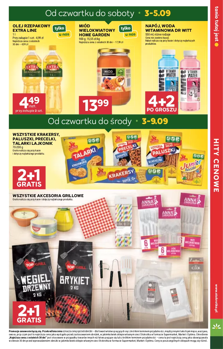Gazetka promocyjna Stokrotka - Market - ważna 03.09 do 09.09.2026 - strona 7 - produkty: Gra, Grill, Krakersy, Lajkonik, Mięso, Miód, Napój, Olej, Olej rzepakowy, Optima, Owoce, Precelki, Warzywa, Woda