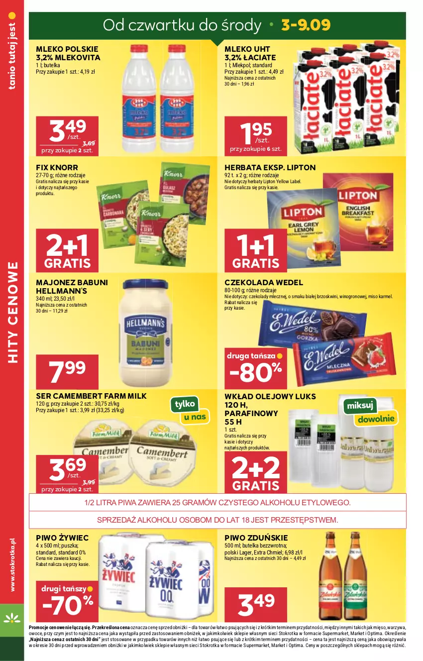 Gazetka promocyjna Stokrotka - Market - ważna 03.09 do 09.09.2026 - strona 8 - produkty: Babuni, Camembert, Czekolada, Fa, Farm Milk, Gra, Hellmann’s, Herbata, Knorr, Lipton, Majonez, Mięso, Mleko, Mlekovita, Olej, Optima, Owoce, Piwa, Piwo, Ser, Warzywa, Wino, Wkład olejowy
