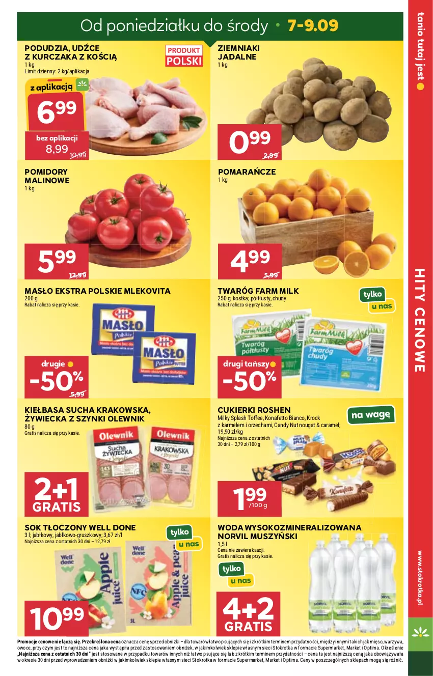 Gazetka promocyjna Stokrotka - Market - ważna 03.09 do 09.09.2026 - strona 9 - produkty: Candy, Cukier, Cukierki, Fa, Farm Milk, Gra, Kiełbasa, Kurczak, Masło, Mięso, Mleko, Mlekovita, Mus, Olewnik, Optima, Owoce, Pomarańcze, Pomidory, Sok, Twaróg, Warzywa, Woda, Ziemniaki