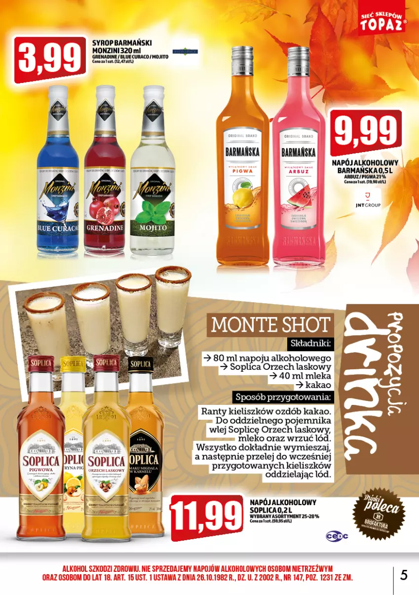 Gazetka promocyjna Topaz - Gazetka - ważna 01.10 do 31.10.2022 - strona 5 - produkty: Kakao, Mleko, Monte, Napój, Pojemnik, Soplica, Syrop