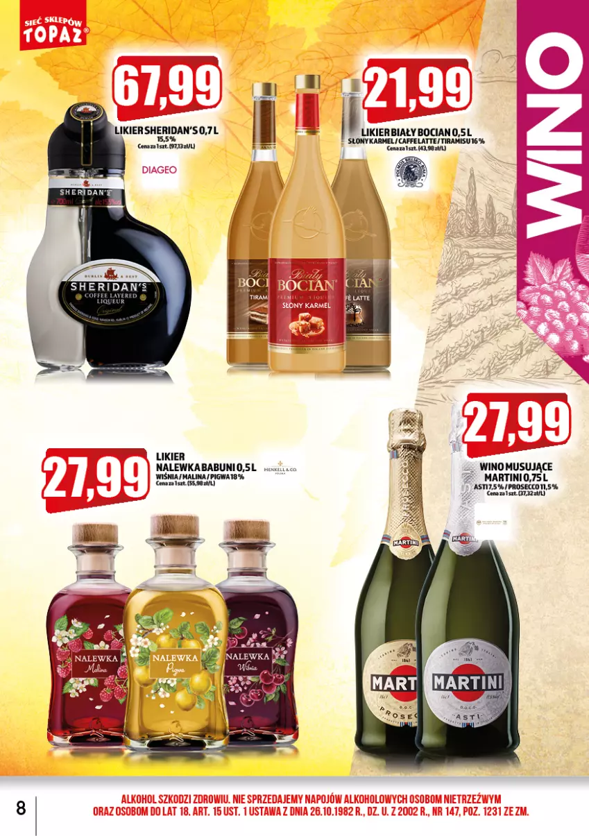 Gazetka promocyjna Topaz - Gazetka - ważna 01.10 do 31.10.2022 - strona 8 - produkty: Babuni, Biały Bocian, Likier, Martini, Mus, Sheridan's, Wino, Wino musujące