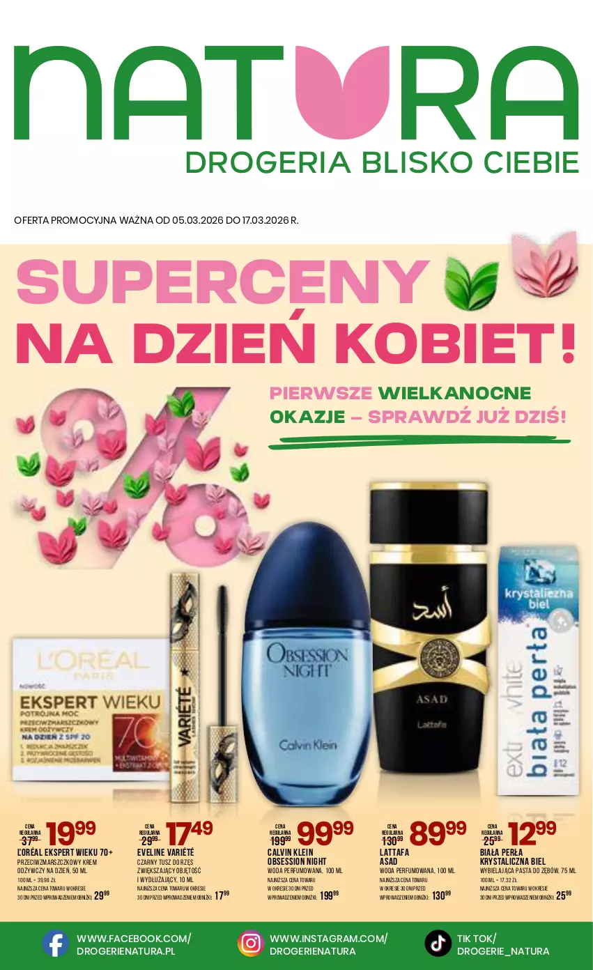 Gazetka promocyjna Drogerie Natura - Gazetka Drogerie Natura - ważna 05.03 do 17.03.2026 - strona 1 - produkty: Calvin Klein, Eveline, Fa, Gra, Krem odżywczy, Mars, Pasta do zębów, Perfum, Perła, SESSIO, Tusz, Woda, Woda perfumowana