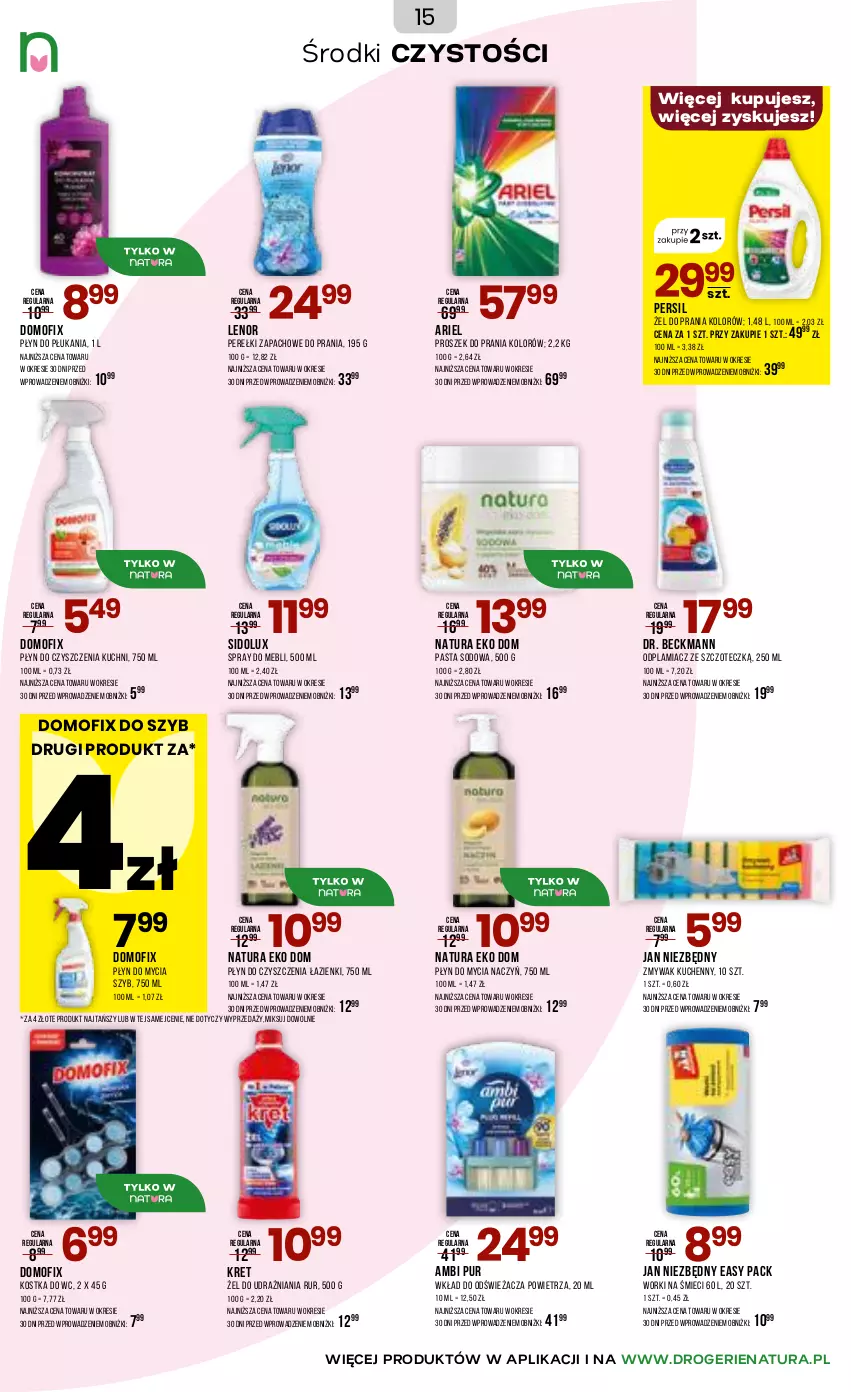 Gazetka promocyjna Drogerie Natura - Gazetka Drogerie Natura - ważna 05.03 do 17.03.2026 - strona 15 - produkty: Ambi Pur, Ariel, Do mycia naczyń, Jan Niezbędny, Kostka do wc, Kret, Lenor, Odplamiacz, Perełki zapachowe, Persil, Płyn do mycia, Płyn do mycia naczyń, Płyn do płukania, Proszek do prania, Pur, Sidolux, Worki na śmiec, Worki na śmieci
