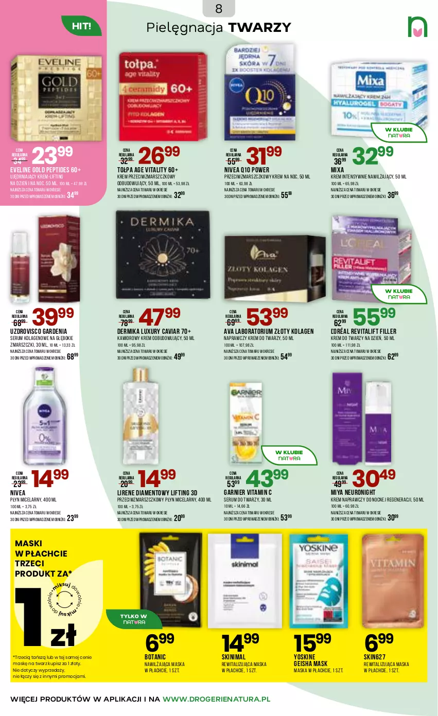 Gazetka promocyjna Drogerie Natura - Gazetka Drogerie Natura - ważna 05.03 do 17.03.2026 - strona 8 - produkty: Dermika, Eveline, Garnier, Kawior, Kolagen, Krem do twarzy, Krem na noc, Krem przeciwzmarszczkowy, Lirene, Mars, Maska, Maska w płachcie, Mixa, Nivea, Nivea Q10, Płyn micelarny, Rum, Ser, Serum, Serum do twarzy, Tołpa, Yoskine