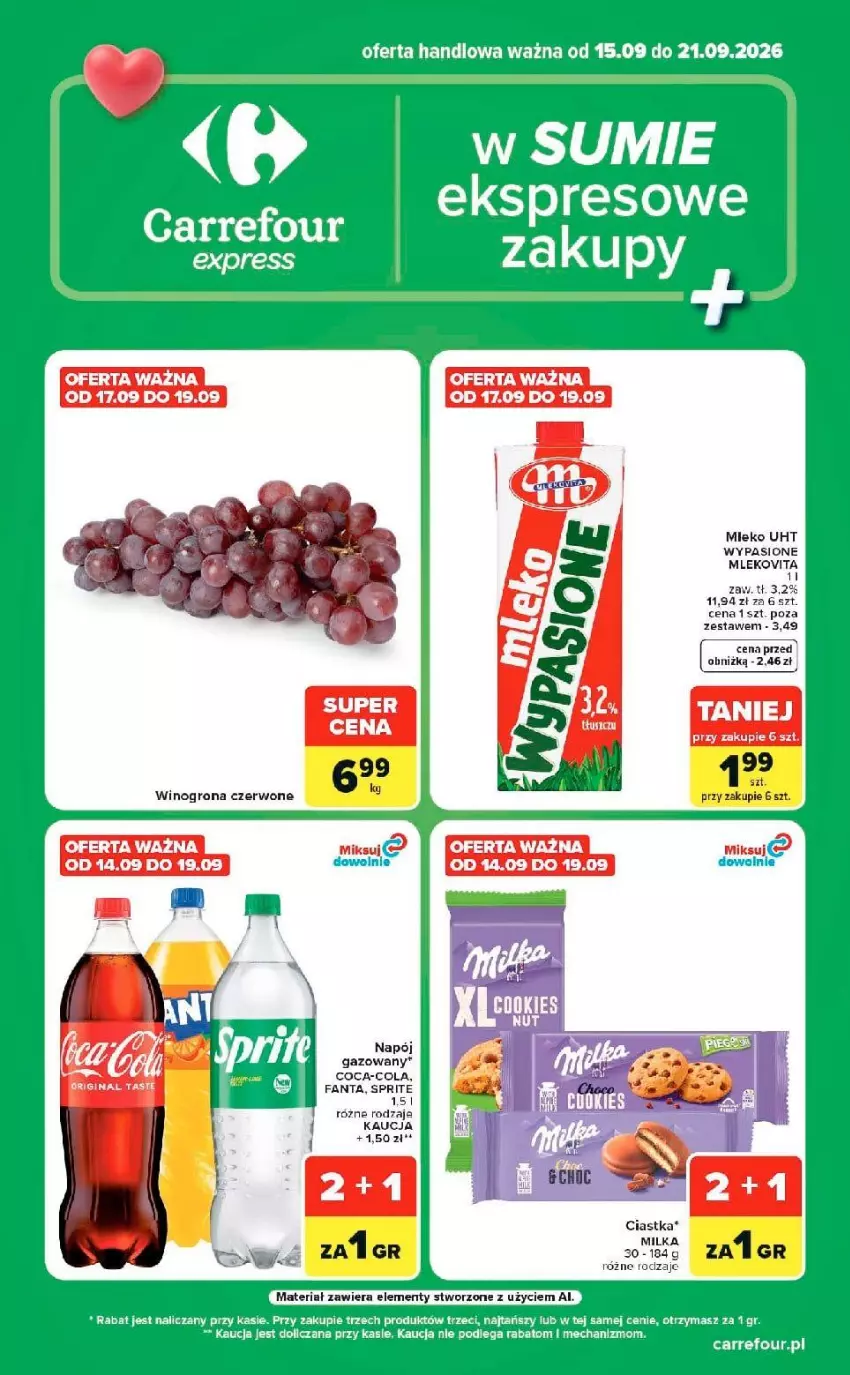 Gazetka promocyjna Carrefour - Gazetka Express w SUMIE ekspresowe zakupy - ważna 15.09 do 21.09.2026 - strona 1 - produkty: Ciastka, Coca-Cola, Fa, Fanta, Mleko, Mlekovita, Sprite
