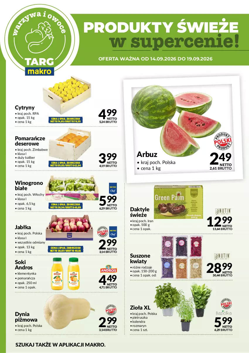 Gazetka promocyjna Makro - Targ MAKRO - oferta świeża w super cenach! - ważna 12.09 do 19.09.2026 - strona 5 - produkty: Arbuz, Cytryny, Daktyle, Deser, Jabłka, Kolendra, Pietruszka, Pomarańcze, Ser, Sok, Wino