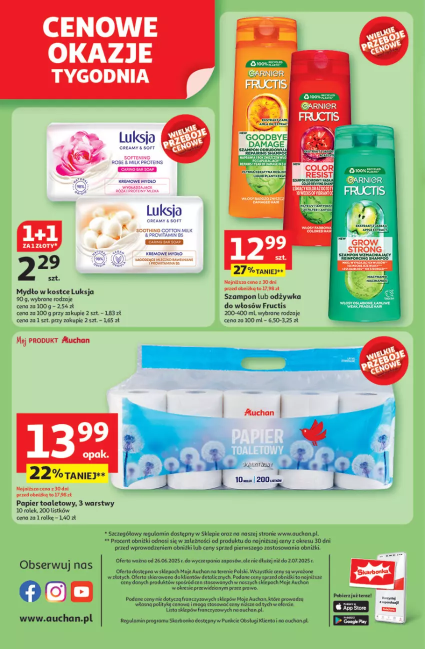 Gazetka promocyjna Auchan - ROZKRĘCAMY LATO Moje Auchan - ważna 26.06 do 02.07.2025 - strona 10 - produkty: Chia, Fructis, Gra, HP, Jabłka, LG, Luksja, Mydło, Odżywka, Papier, Papier toaletowy, Róża, Ser, Szampon