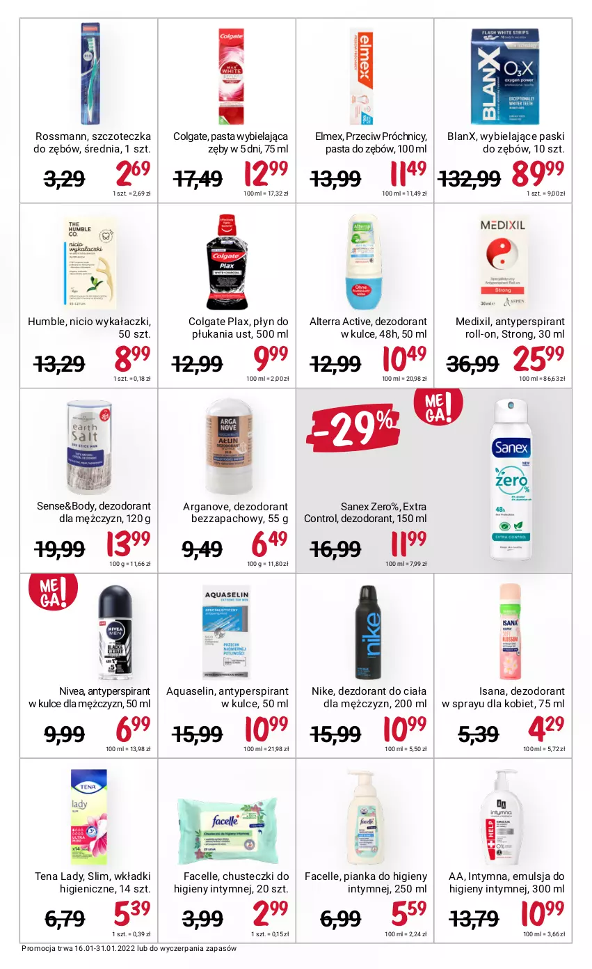 Gazetka promocyjna Rossmann - ważna 16.01 do 31.01.2022 - strona 11 - produkty: Alterra, Antyperspirant, Aquaselin, Body, Chusteczki, Chusteczki do higieny, Colgate, Control, Dezodorant, Elmex, Emulsja, Fa, Facelle, Isana, LG, Nike, Nivea, Pasta do zębów, Płyn do płukania, Sanex, Szczoteczka, Szczoteczka do zębów, Wkładki